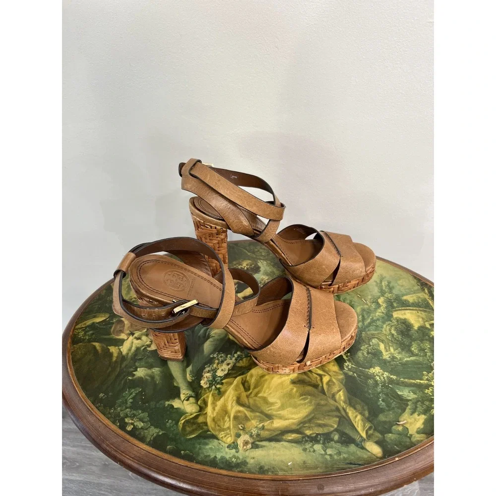 Tory Burch Tan Leather Woven Rattan Wood Platform High Heel Sandals Size 9.5